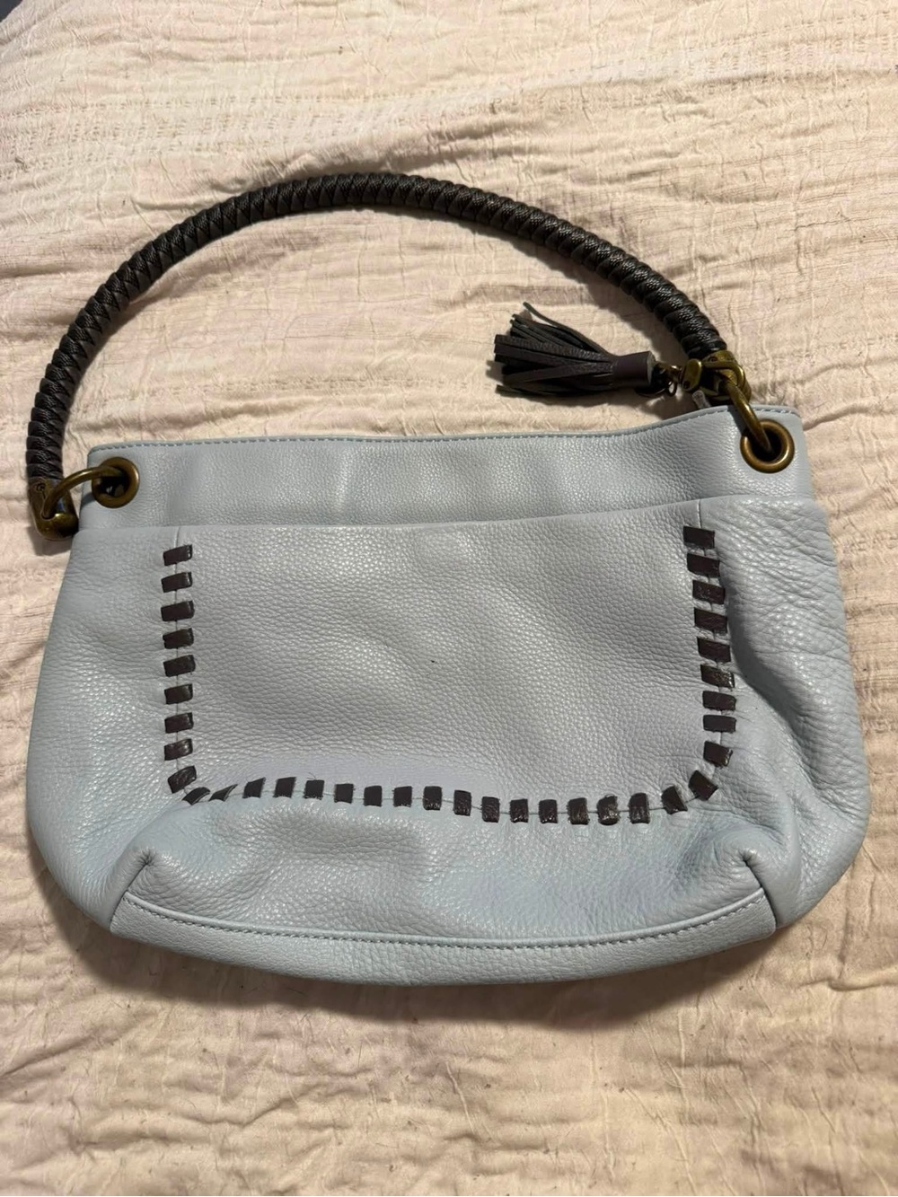 The Sak Light Blue Leather Shoulder Bag with Dark Brown Accents